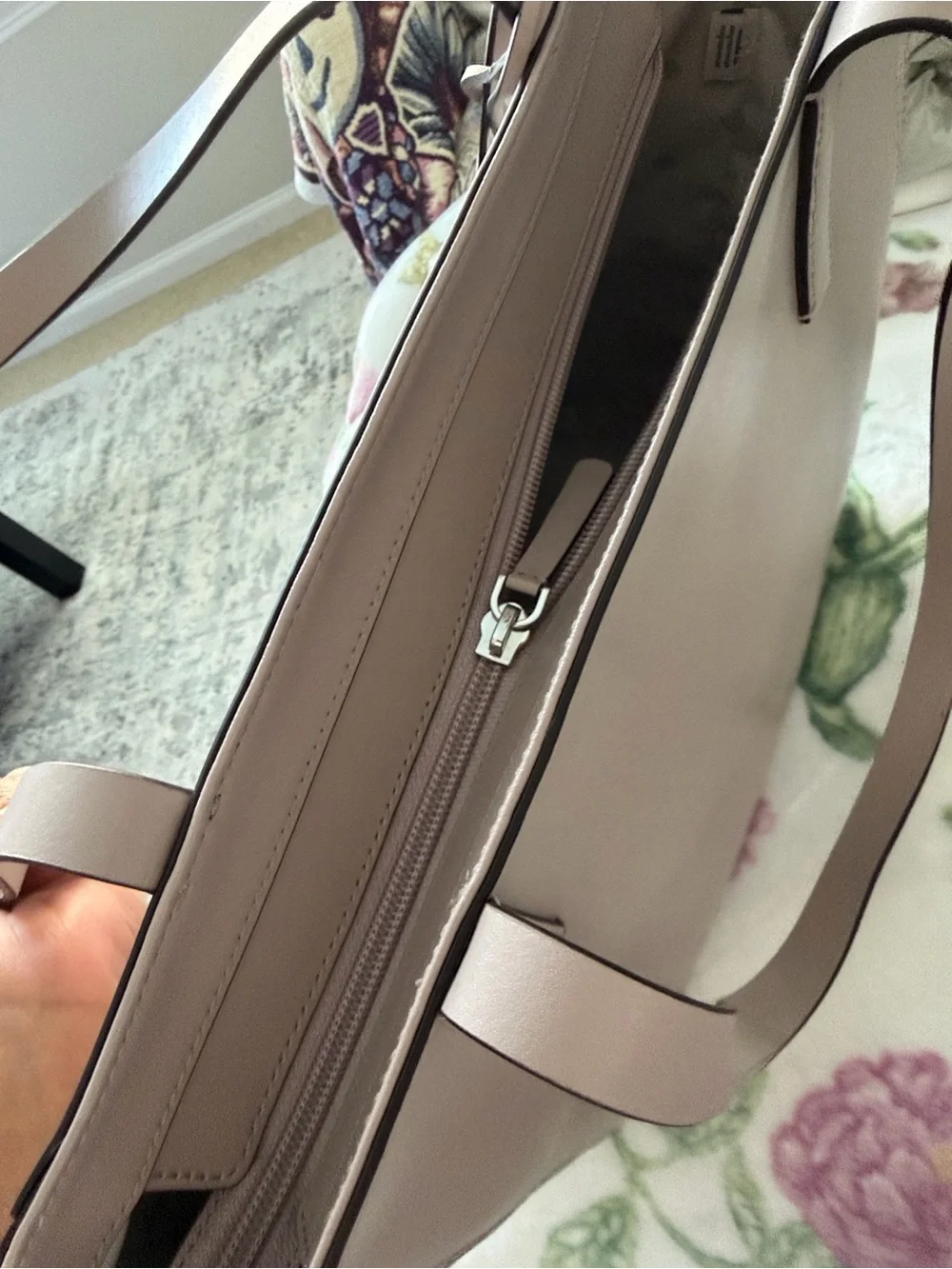 kate spade taupe leather tote with floral charm